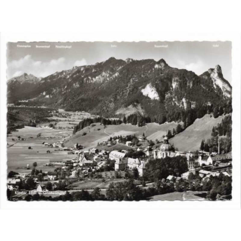 Postkarte-Abtei Ettal mit Ammergauer Alpen.